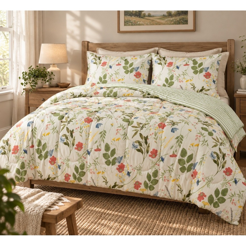 Wispy Floral King 3 Piece Reversible Comforter Set Botanical Green NEW